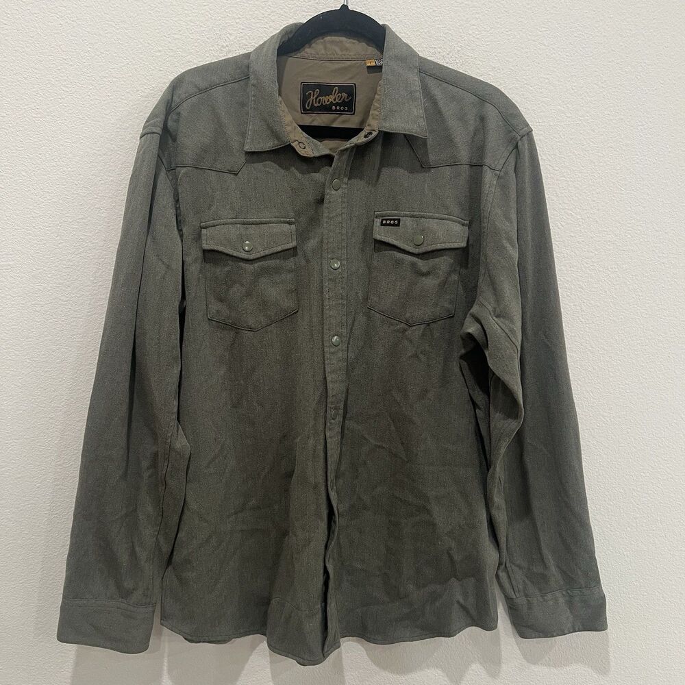 Howler Bros Stockman Shirt Mens L Green Snap Western Stretch Twill Gorpcore